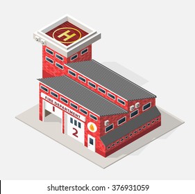 Isometric High Quality City Element with 45 Degrees Shadows on White Background. Fire Department.