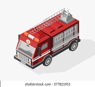 Isometric High Quality City Element with 45 Degrees Shadows on White Background. Fire Truck.