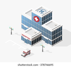 Isometric High Quality City Element with 45 Degrees Shadows on White Background. Hospital.