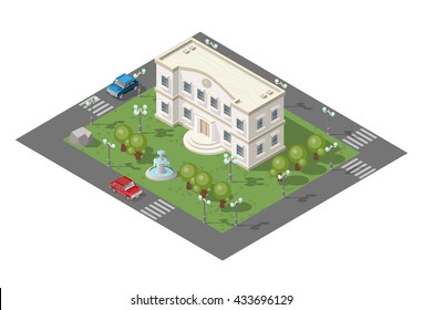 Isometric High Quality City Element with 45 Degrees Shadows on White Background. University.