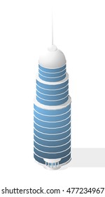 Isometric High Quality City Element with 45 Degrees Shadows on White Background. Cylindrical Skyscraper.