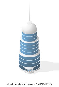 Isometric High Quality City Element with 45 Degrees Shadows on White Background. Cylindrical Skyscraper.