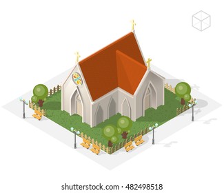 Isometric High Quality City Element and 45 Degrees Shadows White Background  Church 