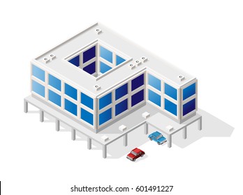 Isometric High Quality City Element with 45 Degrees Shadows on White Background . Building with Parking