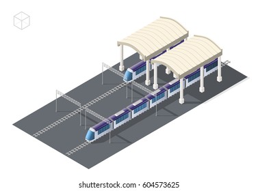 Isometric High Quality City Element with 45 Degrees Shadows on White Background . Railway Station
