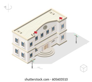 Isometric High Quality City Element with 45 Degrees Shadows on White Background . Town Hall