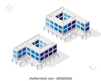 Isometric High Quality City Element with 45 Degrees Shadows on White Background . Offices