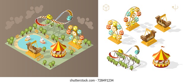 Isometric High Quality City Element on Brown Background . Theme Park