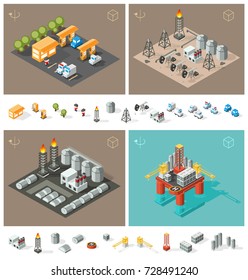 Isometric High Quality City Element on Brown Background . Isolated Petrol Station, Oil Rig Industry, Oil Refinery and Oil Platform