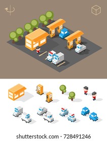 Isometric High Quality City Element on Brown Background . Petrol Station