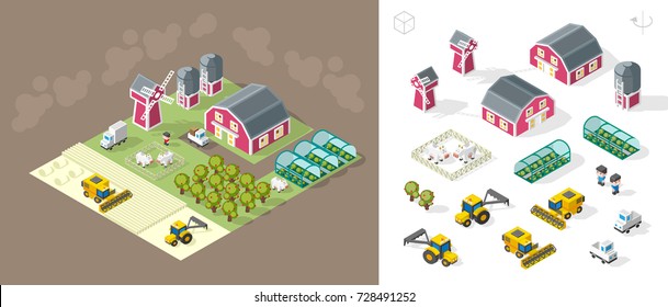 Isometric High Quality City Element on Brown Background . Farm