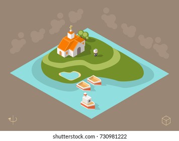 Isometric High Quality City Element on Brown Background . Church on an Island