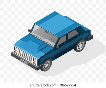 Isometric High Quality City Element with 45 Degrees Shadows on Transparent Background . Blue Car