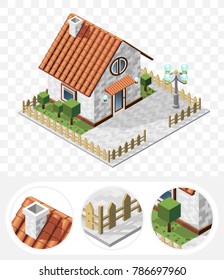  Isometric High Quality City Element with 45 Degrees Shadows on Transparent Background . Cottage