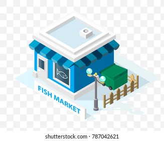Isometric High Quality City Element with 45 Degrees Shadows on Transparent Background . Fish Market