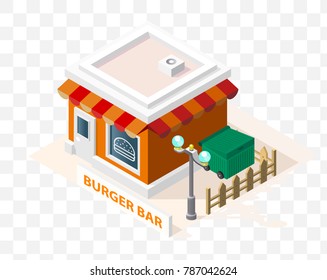 Isometric High Quality City Element with 45 Degrees Shadows on Transparent Background . Burger Bar
