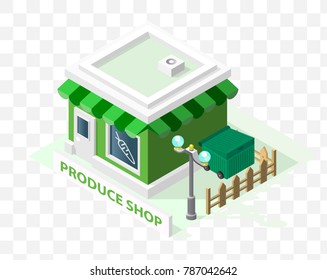 Isometric High Quality City Element with 45 Degrees Shadows on Transparent Background . Produce Shop