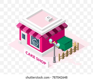 Isometric High Quality City Element with 45 Degrees Shadows on Transparent Background . Cake Shop