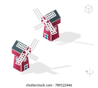 Isometric High Quality City Element with 45 Degrees Shadows on White Background . Windmill