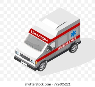 Isometric High Quality City Element with 45 Degrees Shadows on Transparent Background . Ambulance