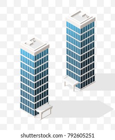 Isometric High Quality City Element with 45 Degrees Shadows on Transparent Background . Skyscraper