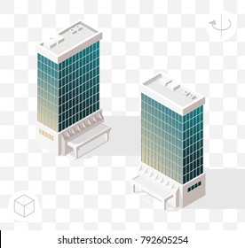 Isometric High Quality City Element with 45 Degrees Shadows on Transparent Background . Skyscraper