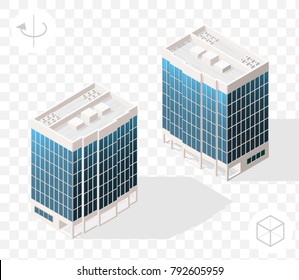 Isometric High Quality City Element with 45 Degrees Shadows on Transparent Background . Skyscraper . Two Positions ( Left and Right )