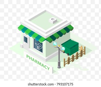 Isometric High Quality City Element with 45 Degrees Shadows on Transparent Background. Pharmacy