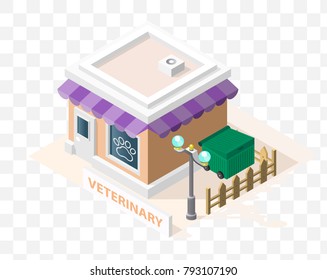 Isometric High Quality City Element with 45 Degrees Shadows on Transparent Background . Veterinary