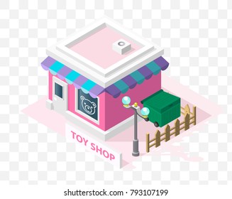 Isometric High Quality City Element with 45 Degrees Shadows on Transparent Background . Toy Shop