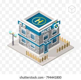 Isometric High Quality City Element with 45 Degrees Shadows on Transport Background . Police Department