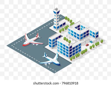 Isometric High Quality City Element with 45 Degrees Shadows on Transparent Background . Airport