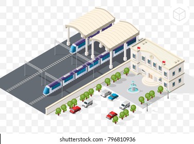 Isometric High Quality City Element with 45 Degrees Shadows on Transparent Background . Railway Station