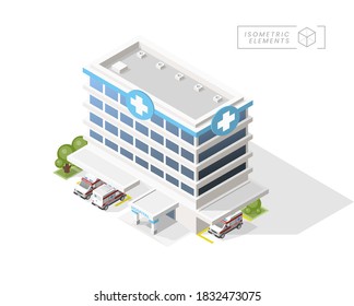 Isometric High Quality City Hospital with Shadows on White Background . Isolated Vector Elements