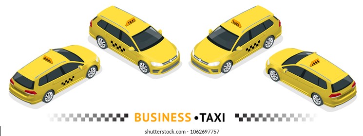 Isometric high quality city service transport icon set. Car taxi. Hatchback isolated.