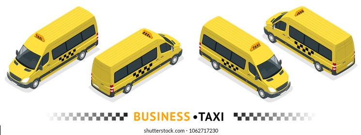 Isometric high quality city service transport icon set. Car taxi service. Minibus or Van car. Airport transfer