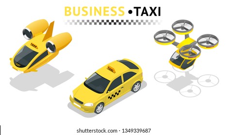Isometric high quality city service transport icon set. Car taxi and air taxi. Build your own world web infographic collection. Modern futuristic air passenger transport.