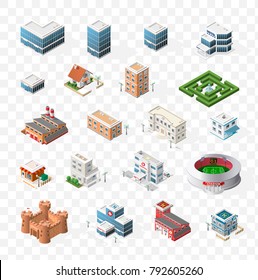 Isometric High Quality City Street Urban Buildings on Transparent Background