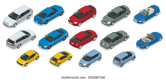 isometric high quality city transport car icon set. Urban, city cars and vehicles transport vector flat icons set.