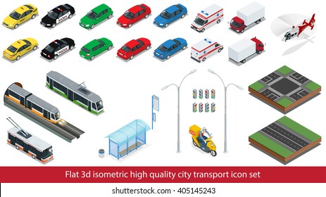 Isometric high quality city transport icon set. Police, taxi, truck, safari travel car, Mini, subway train, bus, helicopter, street road, sedan. Vector illustration.