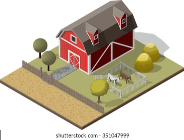 Isometric High Quality Farming . American Traditional Old Barn Rural Building Farm Ville with fence and Cow. village life