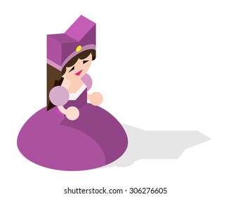 Isometric High Quality Medieval Character with 45 Degrees Shadows on White Background. Princess