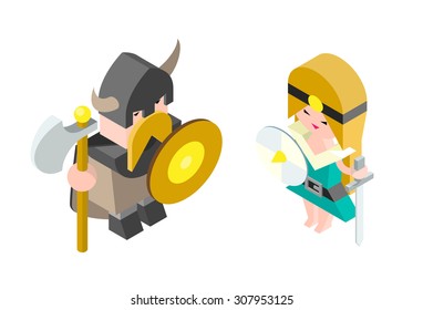 Isometric High Quality Medieval Character with 45 Degrees Shadows on White Background. Viking and Amazon