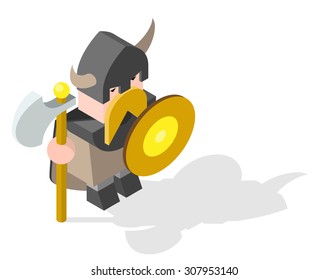 Isometric High Quality Medieval Character with 45 Degrees Shadows on White Background. Viking