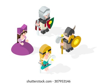 Isometric High Quality Medieval Character with 45 Degrees Shadows on White Background. Knight , Princess , Viking and Amazon