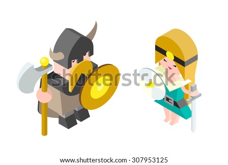 Isometric High Quality Medieval Character with 45 Degrees Shadows on White Background. Viking and Amazon