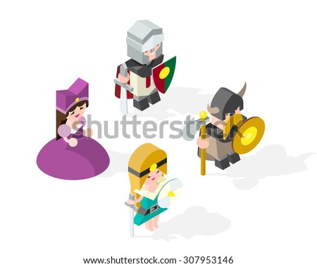 Isometric High Quality Medieval Character with 45 Degrees Shadows on White Background. Knight , Princess , Viking and Amazon