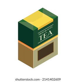 Embalaje de té isométrico de alta calidad sobre fondo blanco Ilustración vectorial 3d