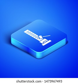 Isometric High striker attraction with big hammer icon isolated on blue background. Attraction for measuring strength. Amusement park. Blue square button. Vector Illustration
