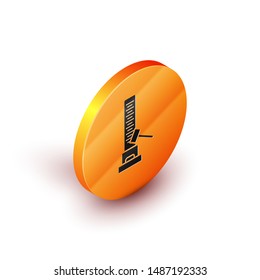 Isometric High striker attraction with big hammer icon isolated on white background. Attraction for measuring strength. Amusement park. Orange circle button. Vector Illustration